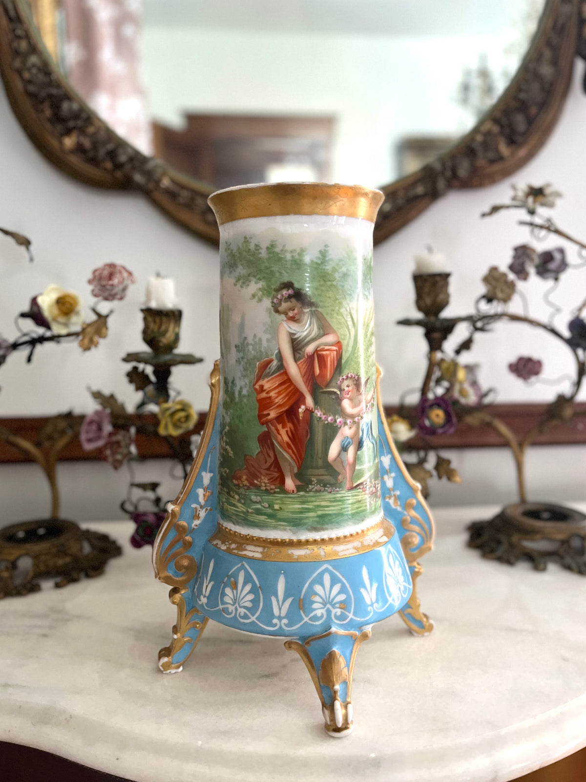 Antique French Paris Porcelain Tripod Vase, Bleu Céleste, Hand-Painted Maiden & Cupid, c. 1870
