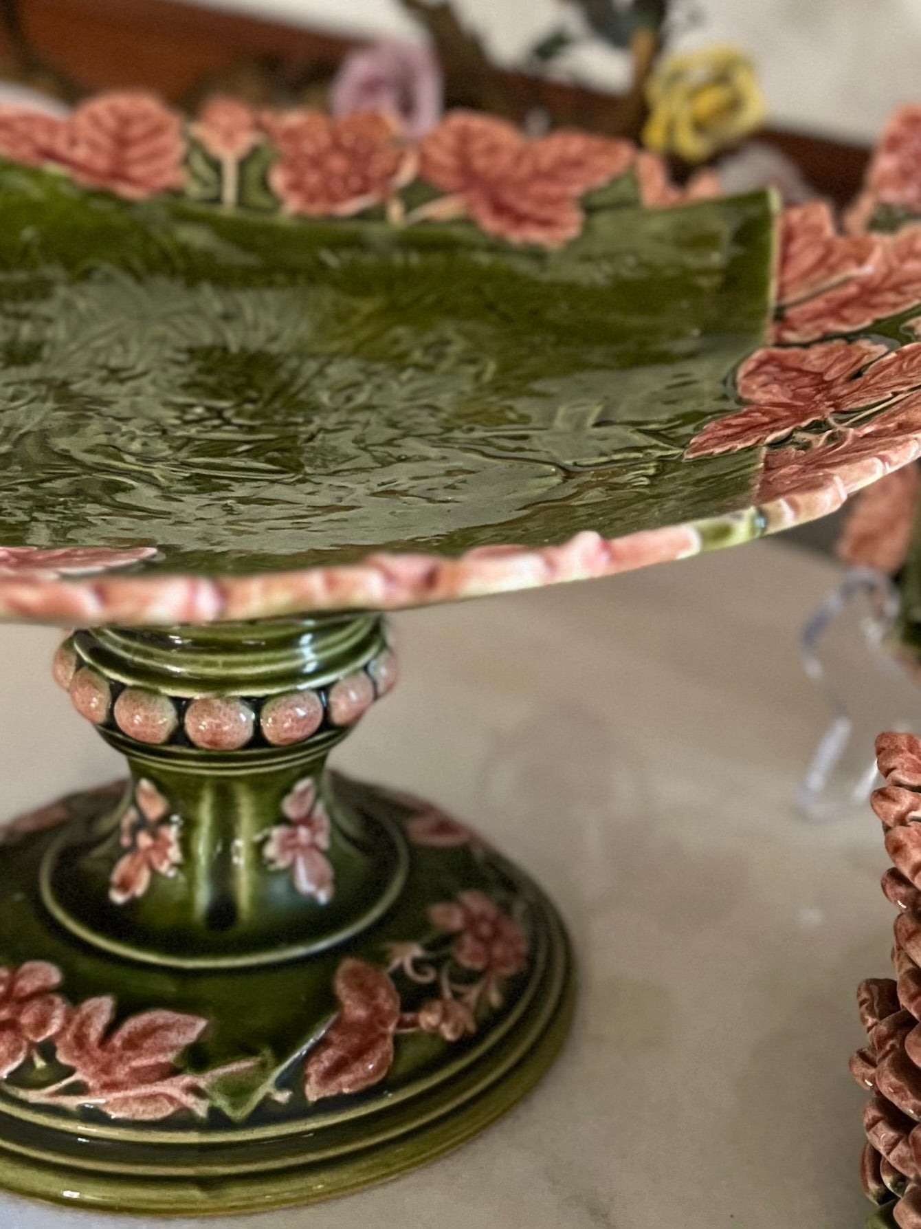 Rare Majolica Set - Antique Schütz Cilli Continental Dessert Service — Putto & Blossom, Set of 8 Plates + Cake Stand