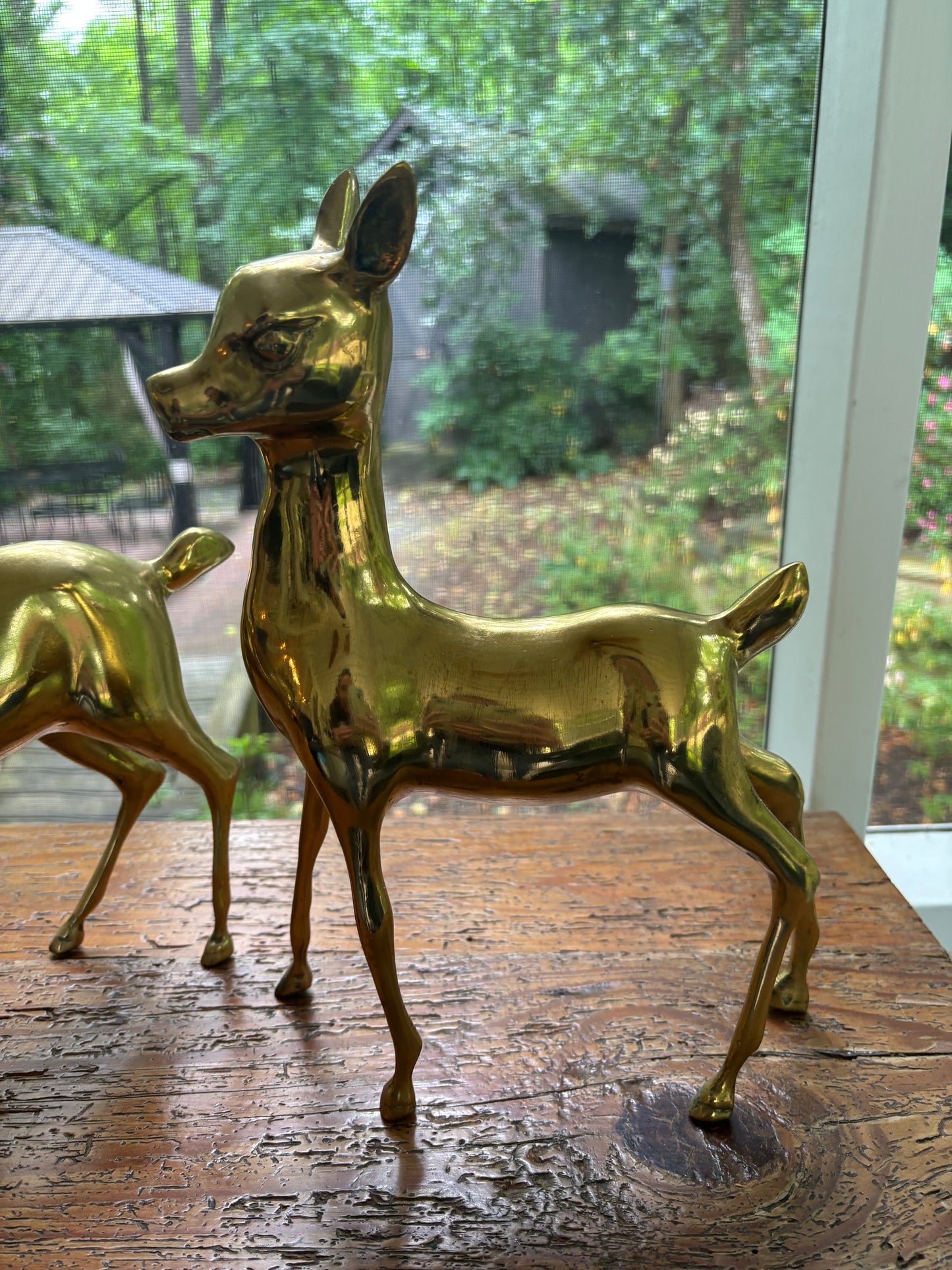 Beautiful large brass deer pair measuring 12.5” and 9.5” tall!