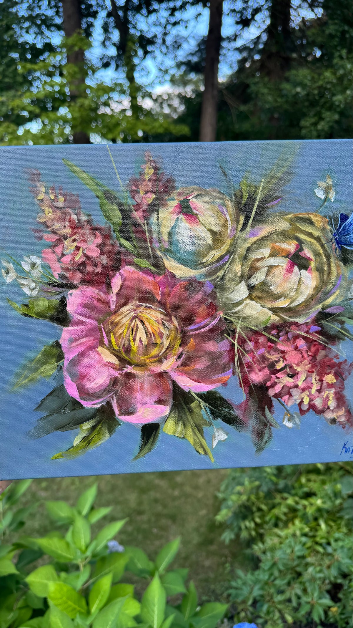 Pink and white peonies with pink hydrangeas original oil painting