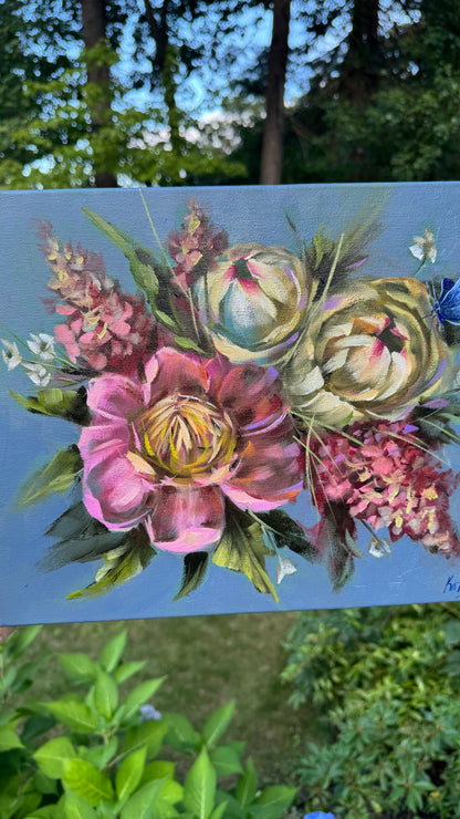Pink and white peonies with pink hydrangeas original oil painting