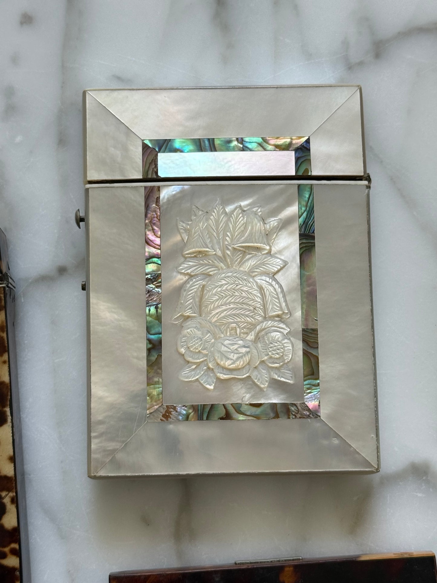 Antique Mother of Pearl Business Card Case with Silver Beehive Cartouche | Monogrammed HLF