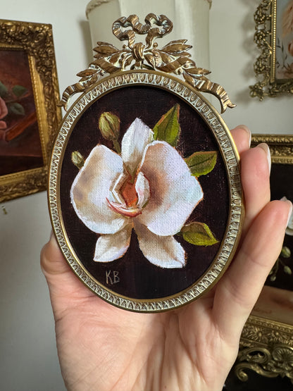 White orchid riginal oil painting in bronze antique frame