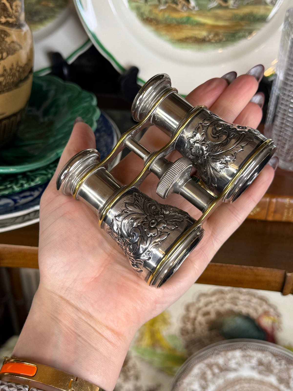 Antique Lemaire Paris French Sterling Silver Opera Glasses, Repoussé Floral & Gilt Theater Binoculars, c.1890–1910, 4” x 3”