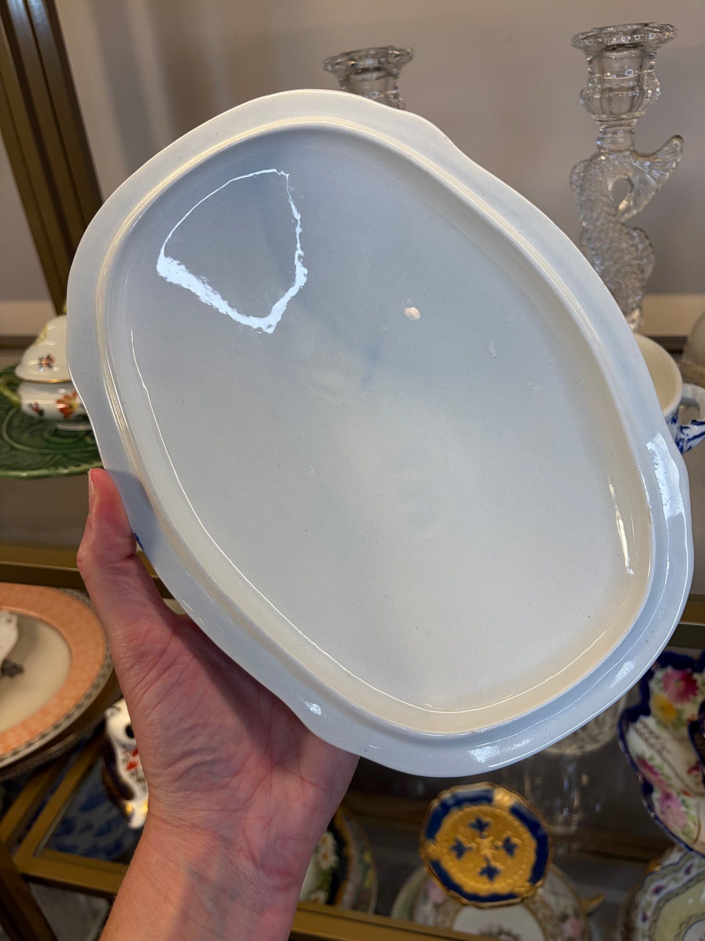 Stunning antique Ridgeways Royal Semi Porcelain lidded tureen in the Lorraine pattern, featuring intricate blue and white floral transferware and decorative side handles!