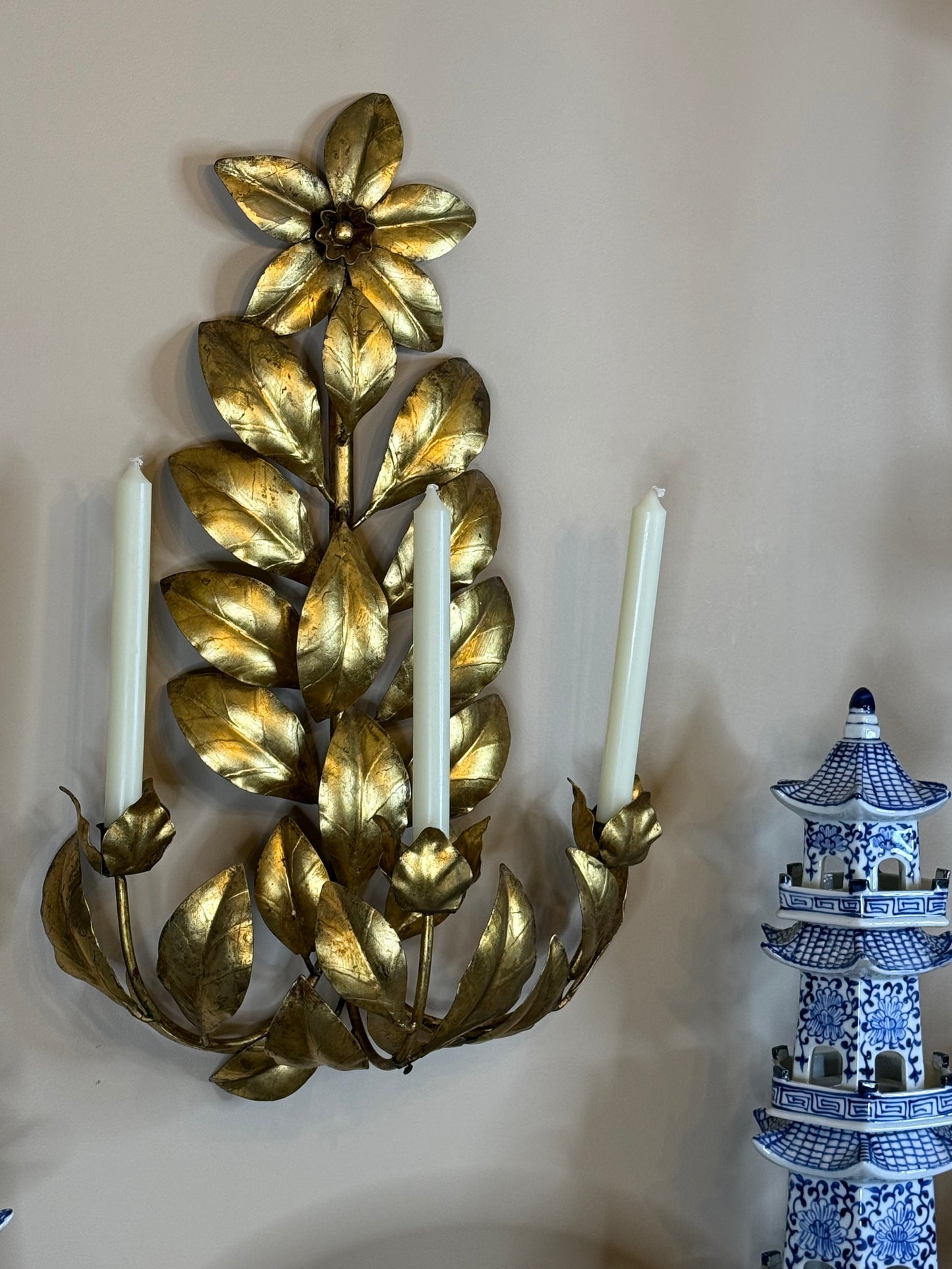RESERVED - JILL HAYES - Vintage Italian Gilt Floral Three-Light Wall Candelabra | Tole Flower Sconce | 25” Tall