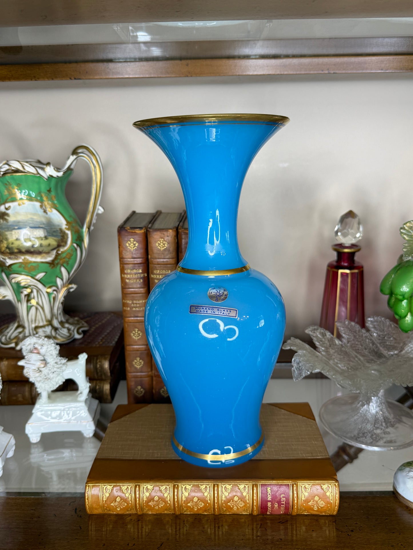 Vintage Murano Cenedese Turquoise Blue Opaline Glass Vase with Gold Trim | 10” Tall
