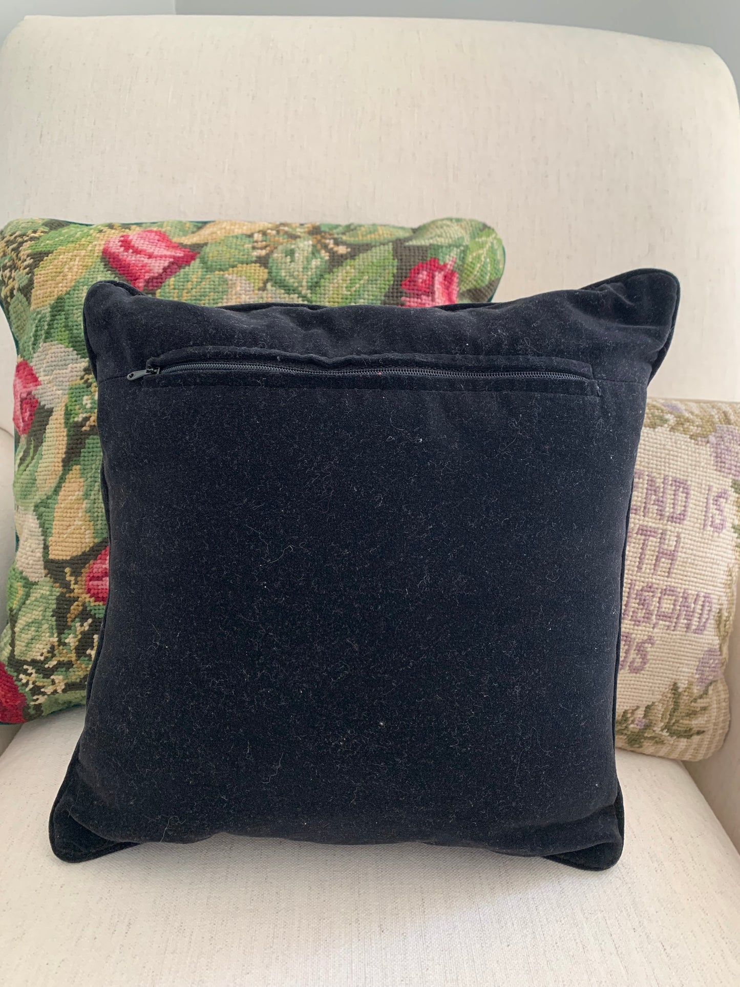 Rose Floral Needlepoint Pillow with Black Velvet Backing