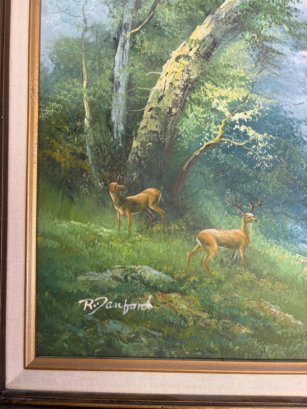 Gorgeous original framed art of deer at waterfall signed by R. Danford!