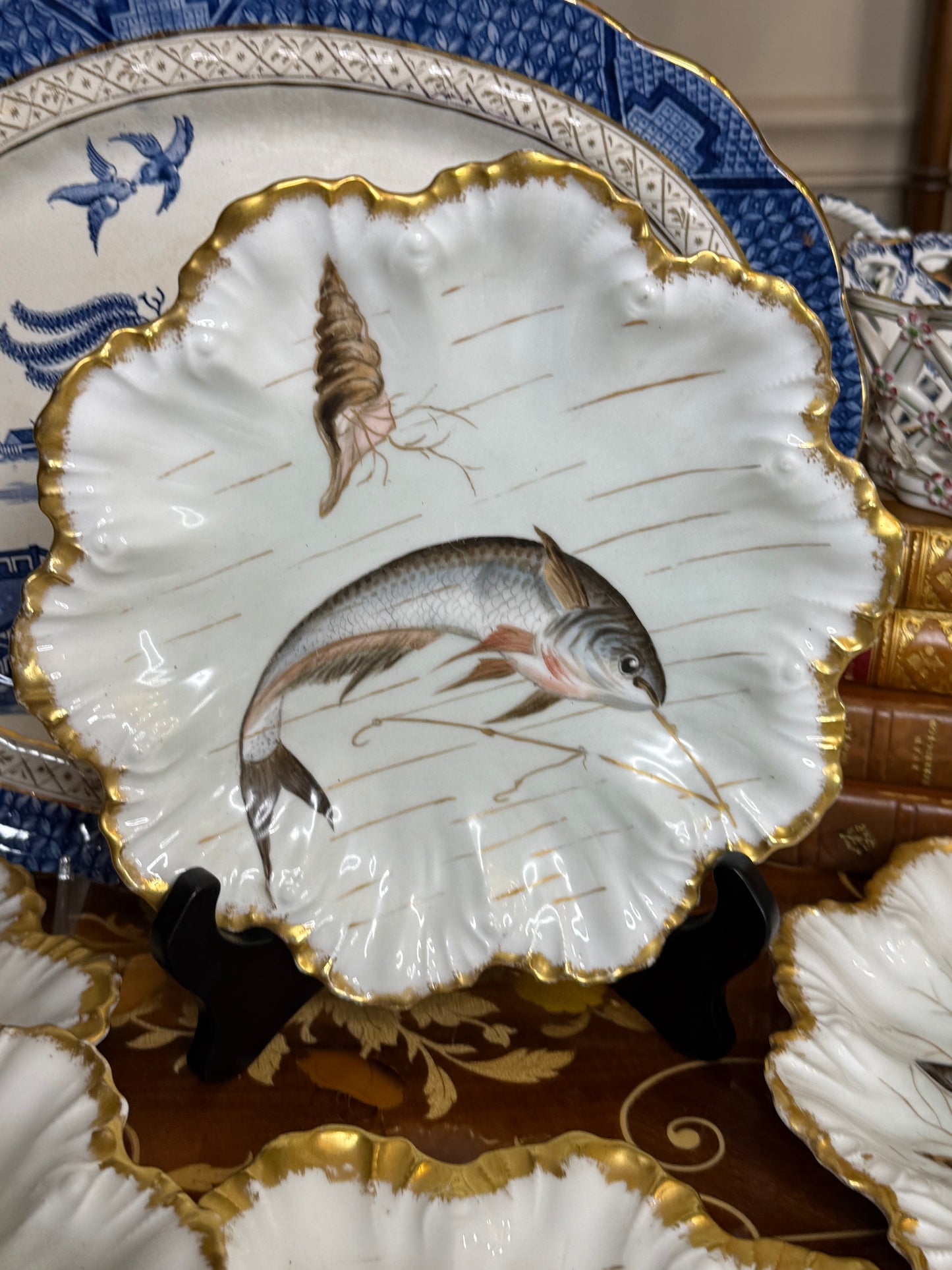 RESERVED - ANGIEFRIEND - Antique French Limoges Hand-Painted Fish Plates with Gilt Scalloped Rims | Set of 5 | 9”