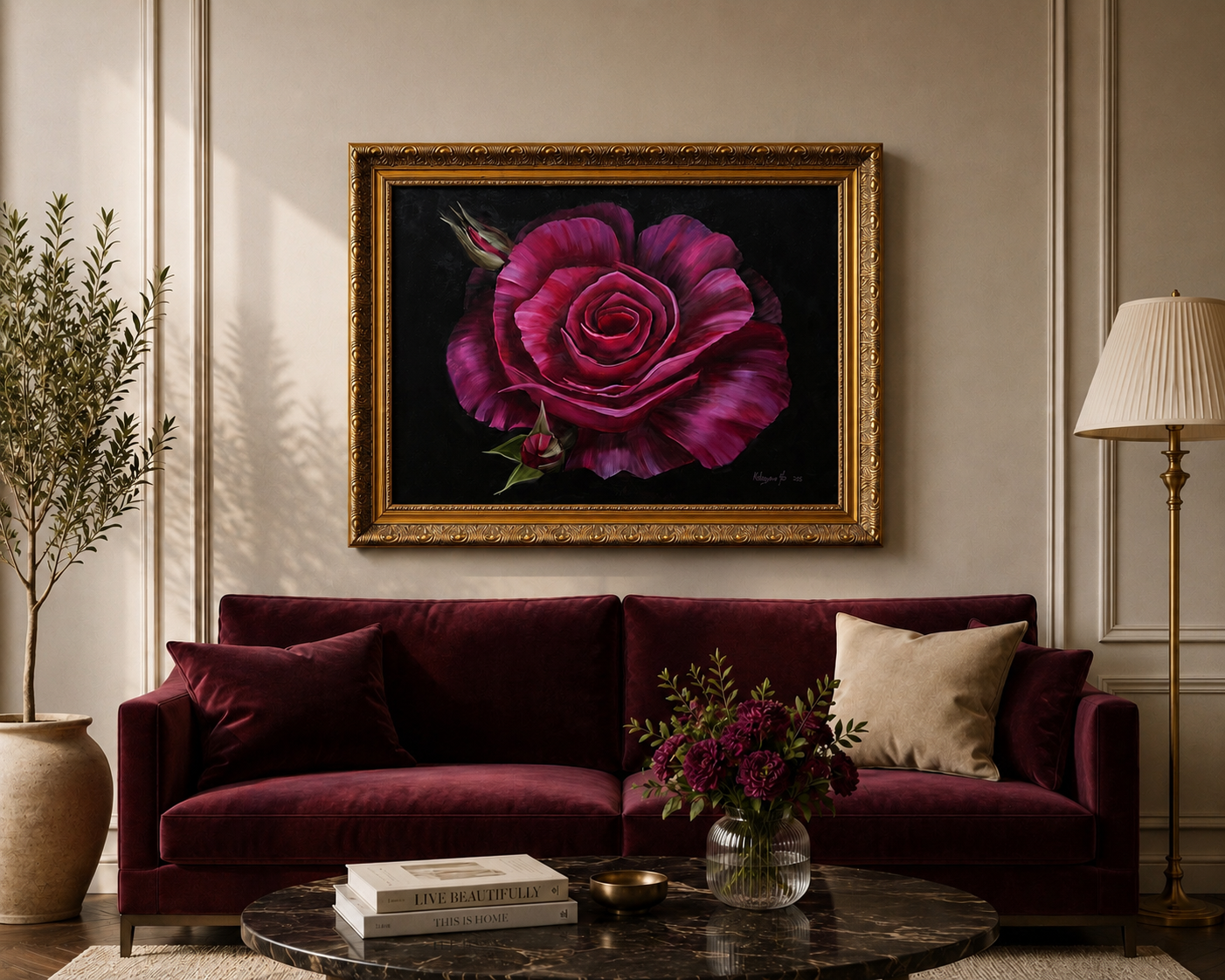 Original Oil Painting – Fuchsia Rose Still Life by Kateryna | Framed Original Canvas | 28” x 22”