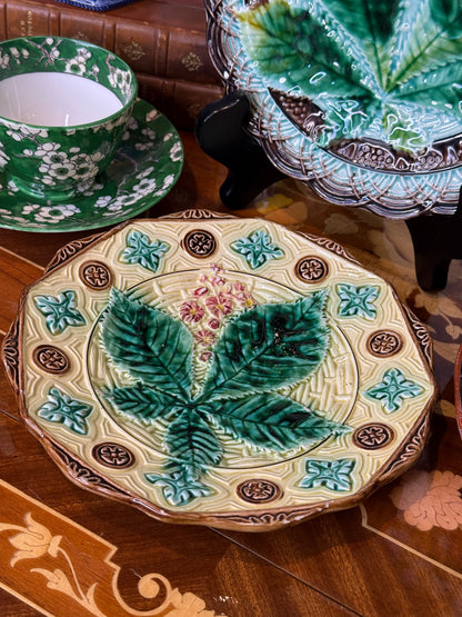 Pair of Antique English Majolica Botanical Plates | Grape Vine & Horse Chestnut Leaf | Victorian Cabinet Plates | 7¼” & 7¾”