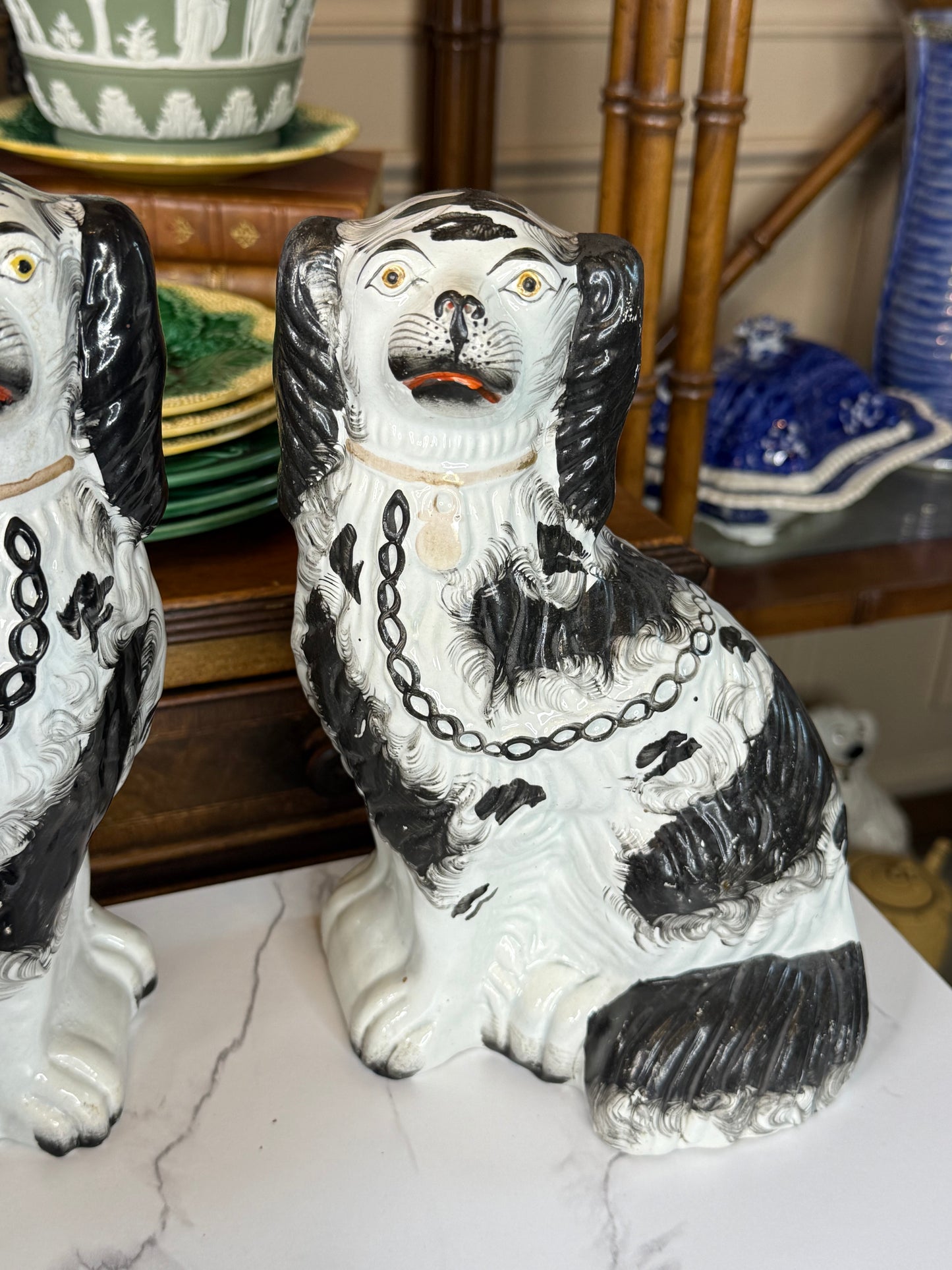 Pair of 19th Century Black & White Staffordshire Dogs | 9.5"H x 6.75"W x 6"D Each | Style DA4479