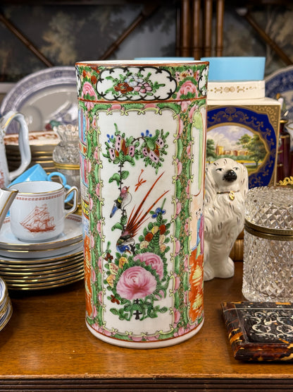 Antique 1920’s Chinese Rose Medallion Famille Rose Cylindrical Vase / Brush Pot | 9.75” Tall