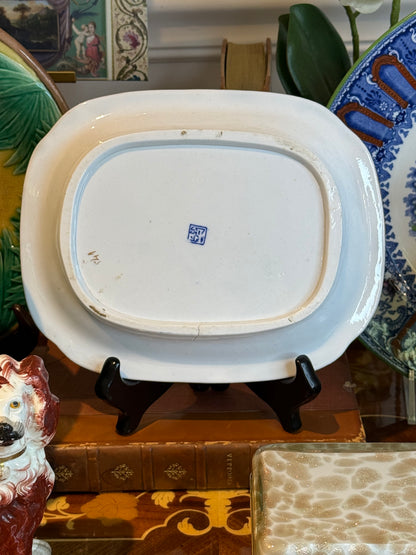 Rare Miles Mason Broseley Willow Pattern Porcelain Platter c.1805 Blue & White W/ Gilt Border 8” x 6.5”