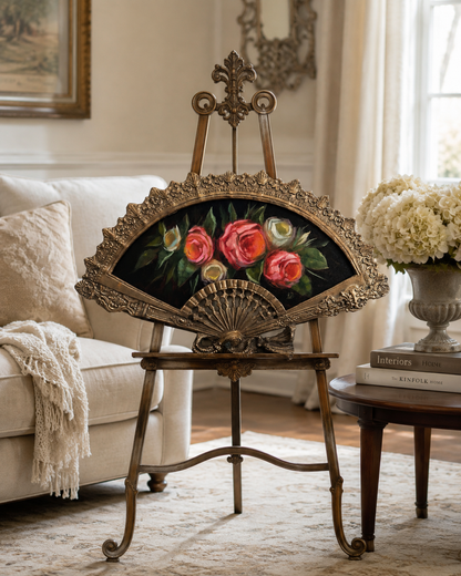 Reserved Solo Live Bouquet of roses still life original oil painting in brass fan frame