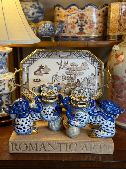 Danny’s Fine Porcelain - Blue & White Spaniel Foo Dog Figure Pair W/ Gold Accent: 17Lx4.5Wx6.5H