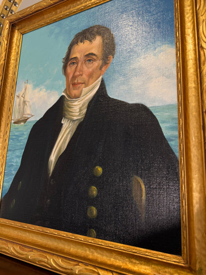 Striking Early Maritime Gentleman Portrait Oil on Board in a Period Gilt Wood Frame