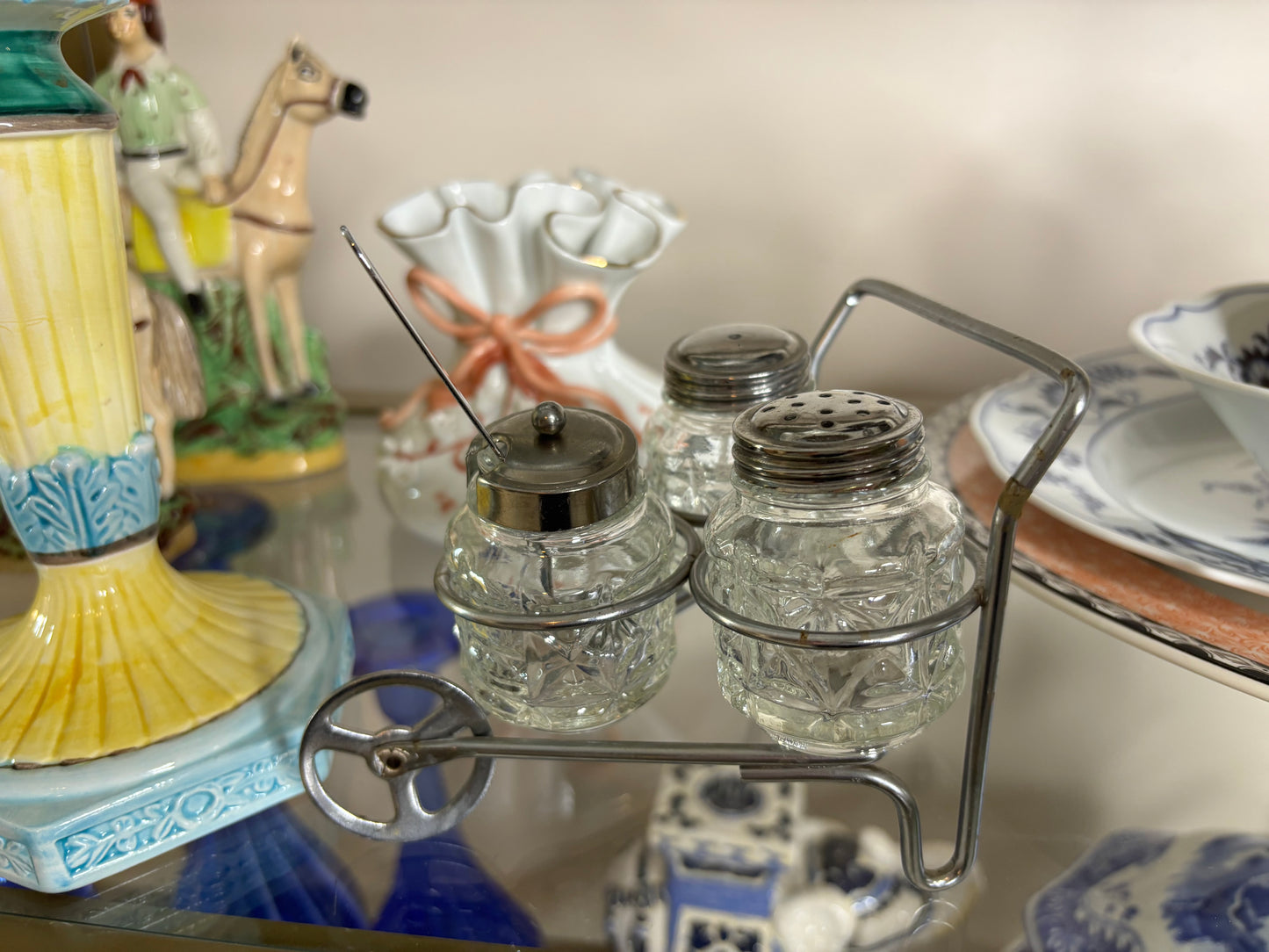Lovely rolling cart condiment holder!