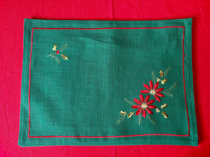 Set (4) Green Placemats with Embroidered Poinsettias