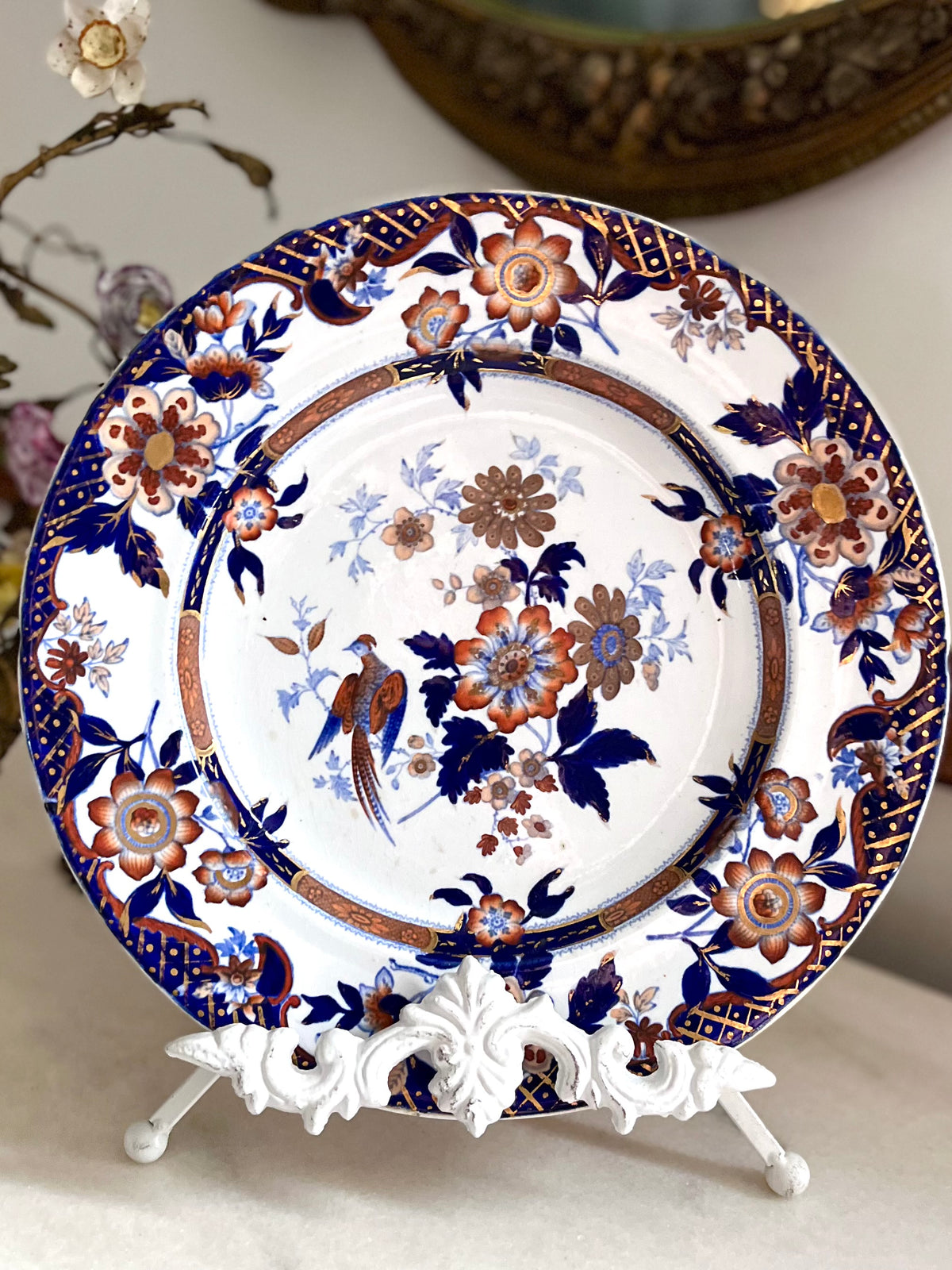 Live 09/29 Antique H. & R. Daniel Imari Ironstone Plate, Pheasant Chinoiserie, Cobalt, Iron Red & Gilt, Staffordshire c. 1830–1845