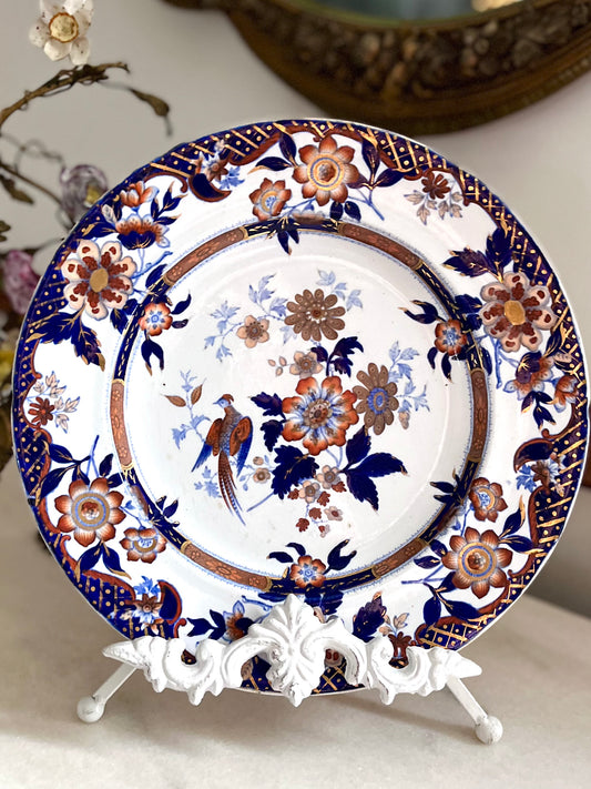 Antique H. & R. Daniel Imari Ironstone Plate, Pheasant Chinoiserie, Cobalt, Iron Red & Gilt, Staffordshire c. 1830–1845 Marked