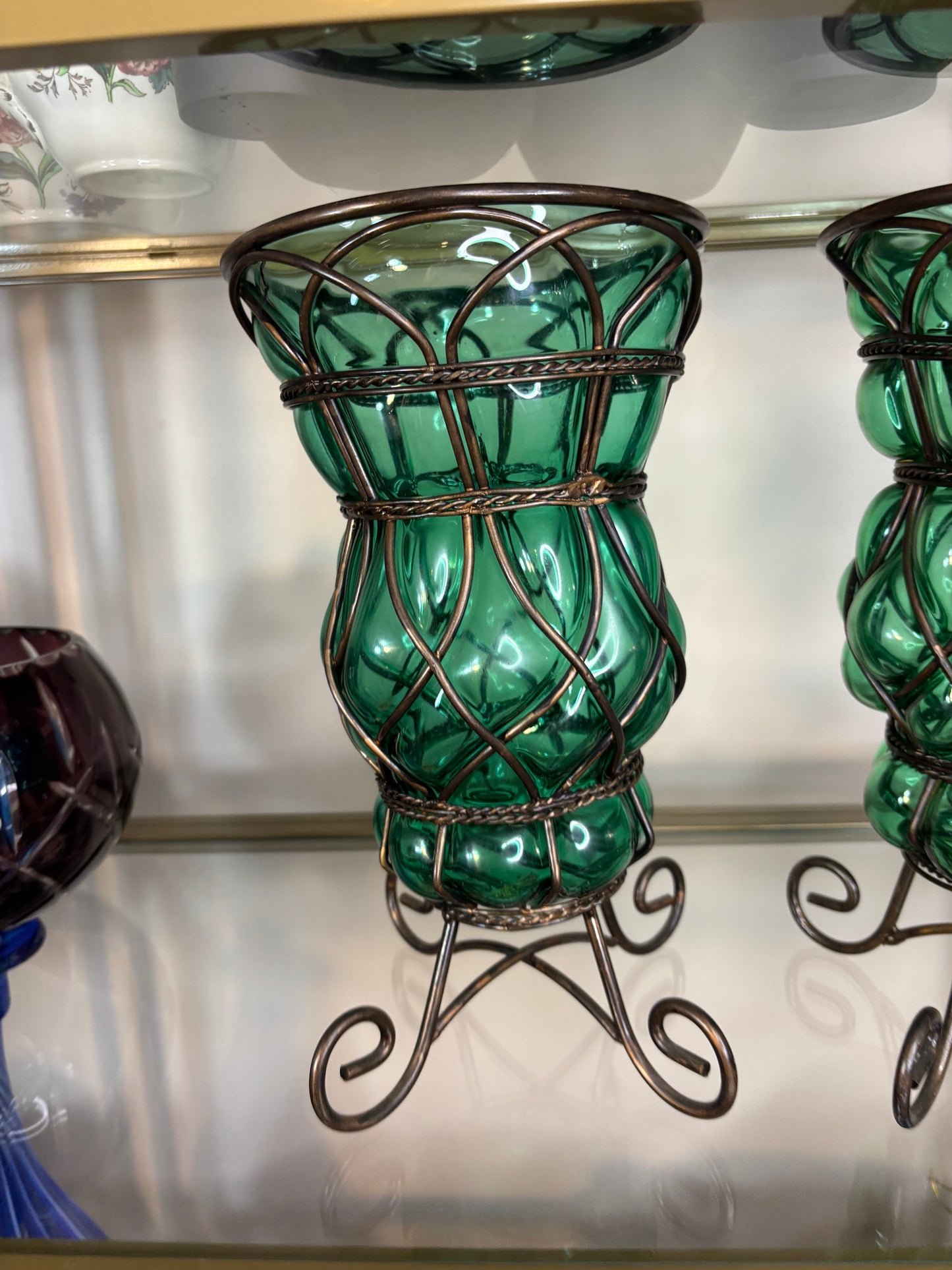 Gorgeous bubble glass in iron cage vases pair!