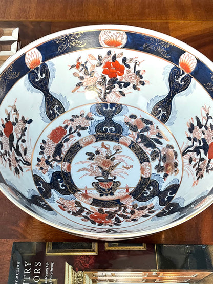 Large Imari Hand Painted Punch Bowl With Ornate Wood Stand