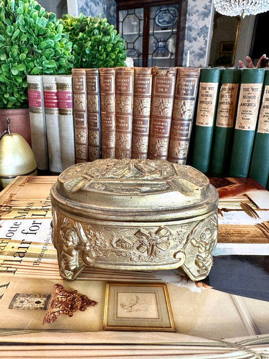 Sweet Antique Gilded Ormolu Dresser Box Casket with Cherubs