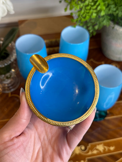Vintage Blue Opaline Glass Ashtray with Brass Gallery Rim | 3.5”