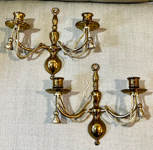 Stunning designer vintage Ethan Allen pair of Hollywood Regency brass double wall candelabras.