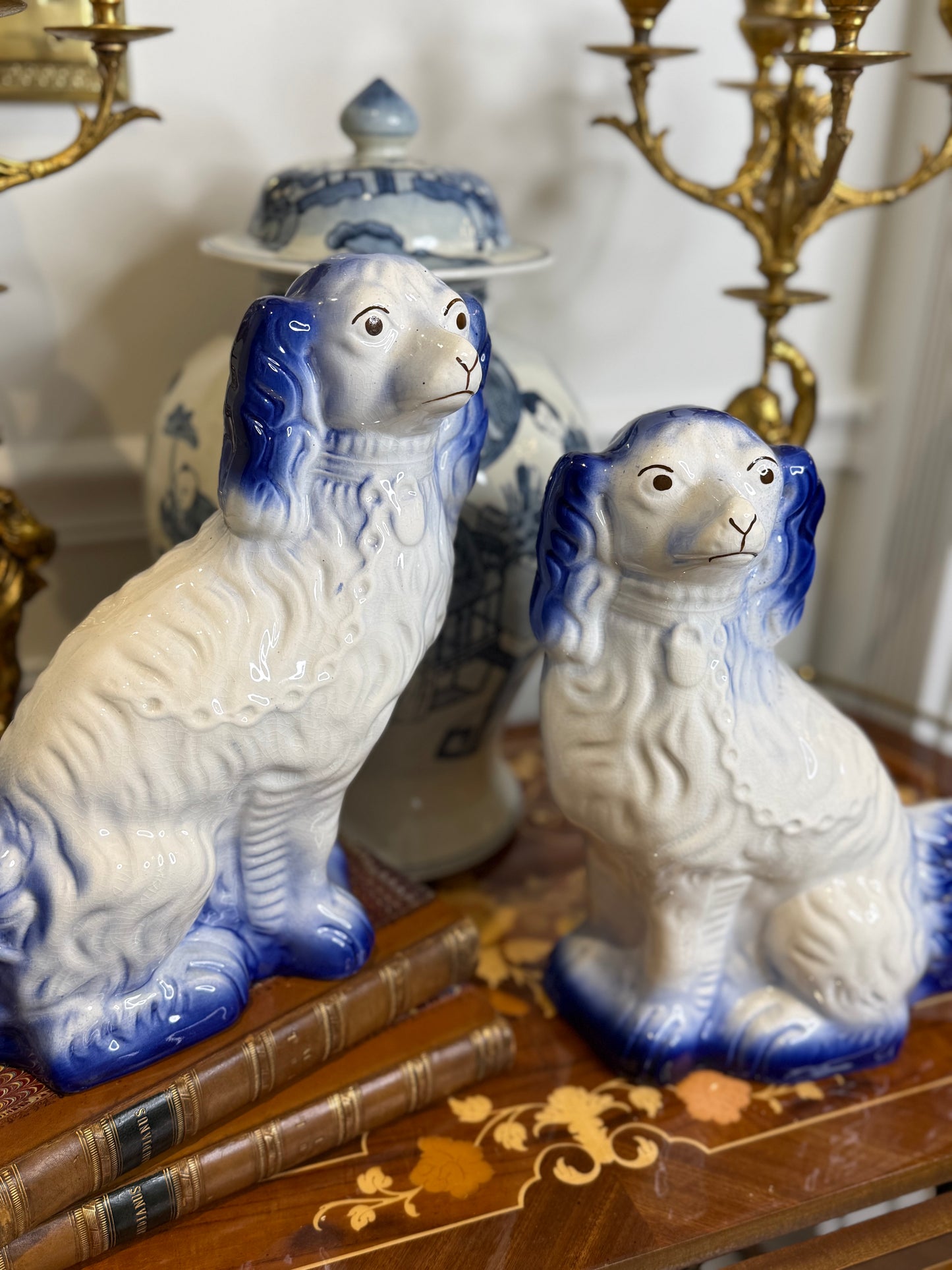 Arthur Wood England Blue & White Staffordshire Spaniel Dog Pair | 12” Tall