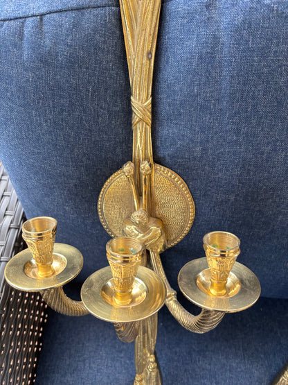 Gorgeous brass wall 25” candleholder sconces with floral and tassel details pair!