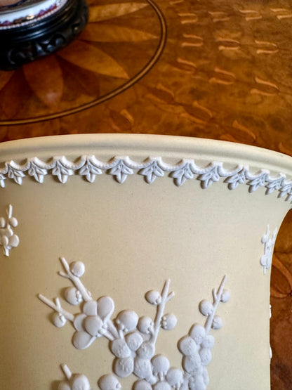 Wedgwood Jasperware Primrose Yellow “Emperor” Cachepot, Prunus Blossom Relief, 1977