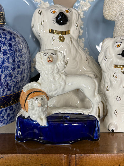 Antique Pair, 19th Century Staffordshire Spaniel Dogs with Puppy in Barrel #DA4422