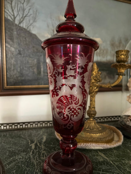 19th Century Continental Ruby Red Cut-to-Clear Lidded Goblets with Landscape Etching, Pair in perfect condition