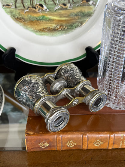 Antique Lemaire Paris French Sterling Silver Opera Glasses, Repoussé Floral & Gilt Theater Binoculars, c.1890–1910, 4” x 3”