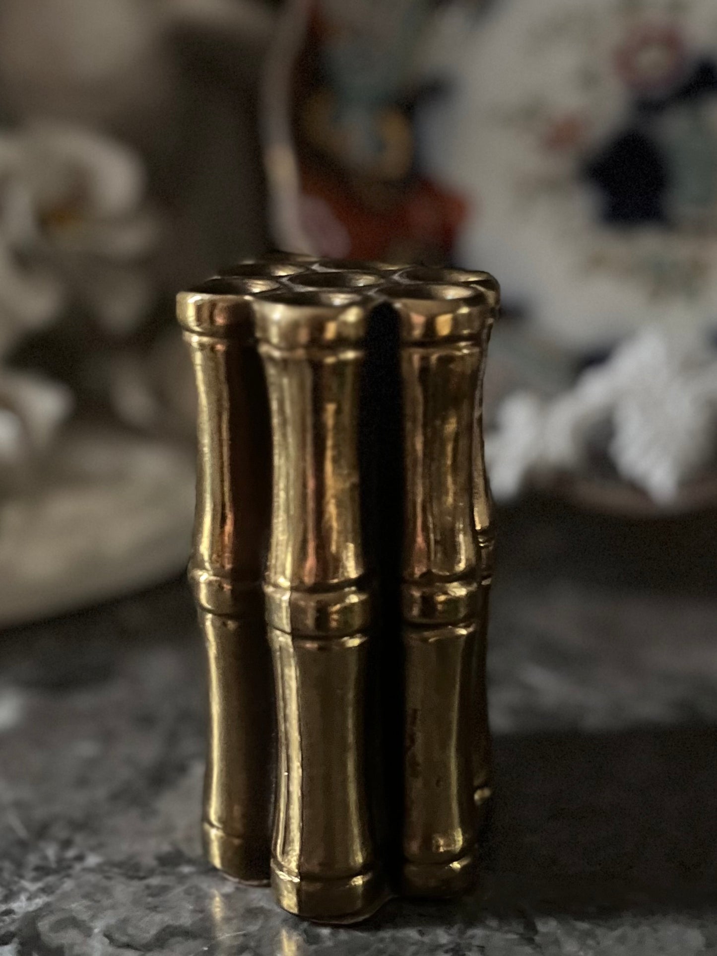Live 07/28 Mid-Century Solid Brass Bamboo Cluster Vase | Hollywood Regency Brush Pot | 5”