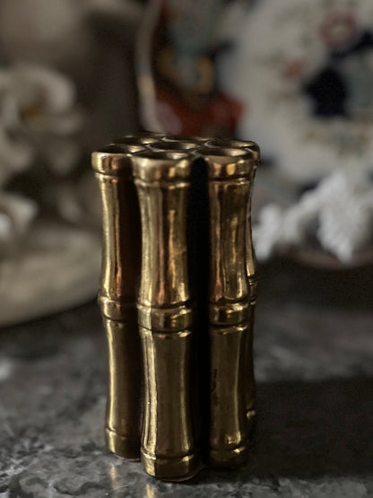 Live 07/28 Mid-Century Solid Brass Bamboo Cluster Vase | Hollywood Regency Brush Pot | 5”