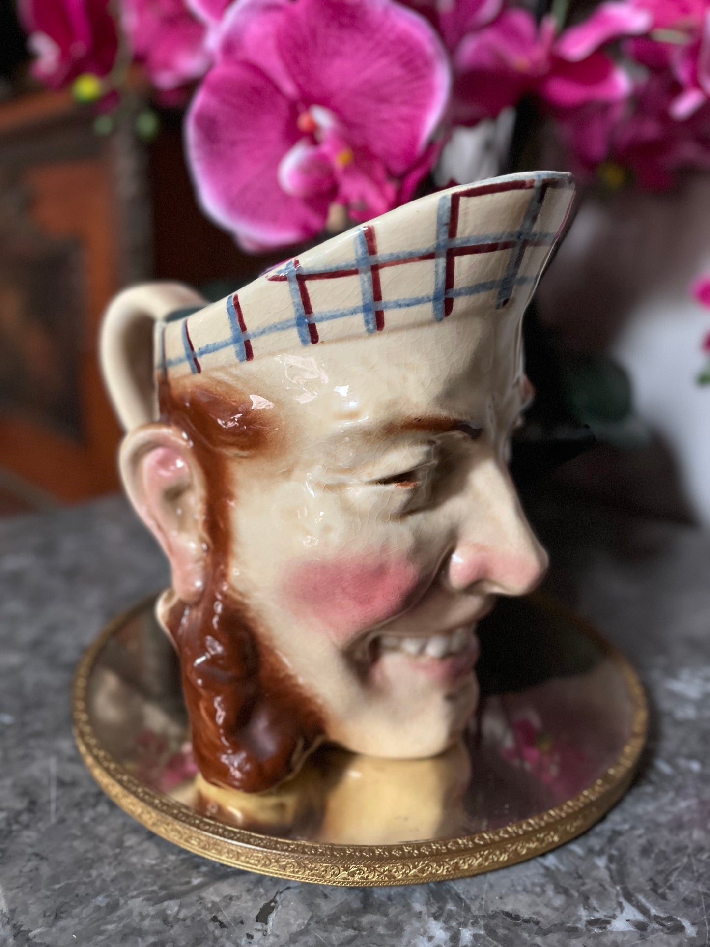 Antique French Whimsical Sarreguemines Fisherman Jug