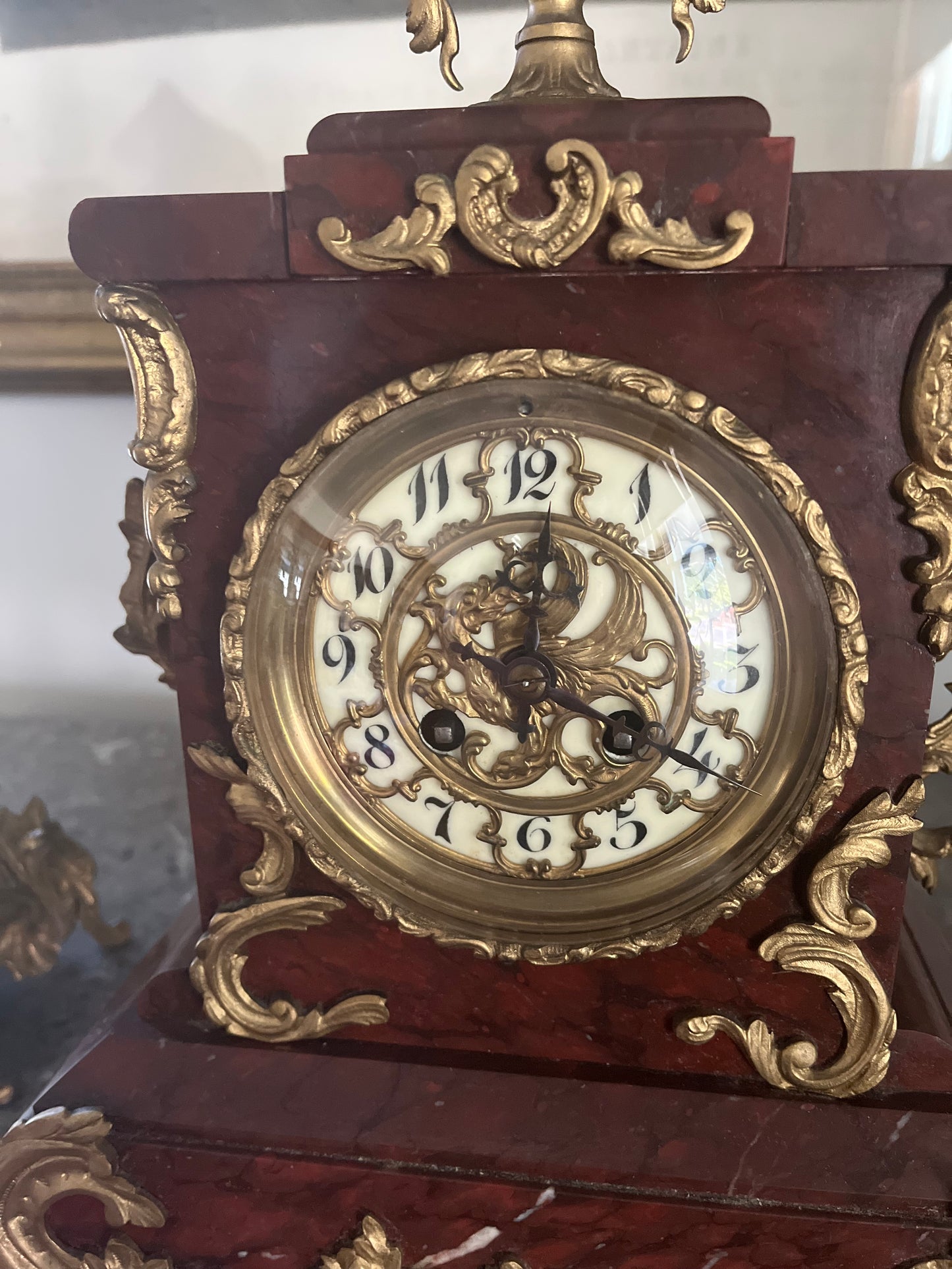 Exceptional Antique Rococo S. Marti France Rouge Griotte Marble And Bronze Ormulu Mantle Clock Circa 1860-1870