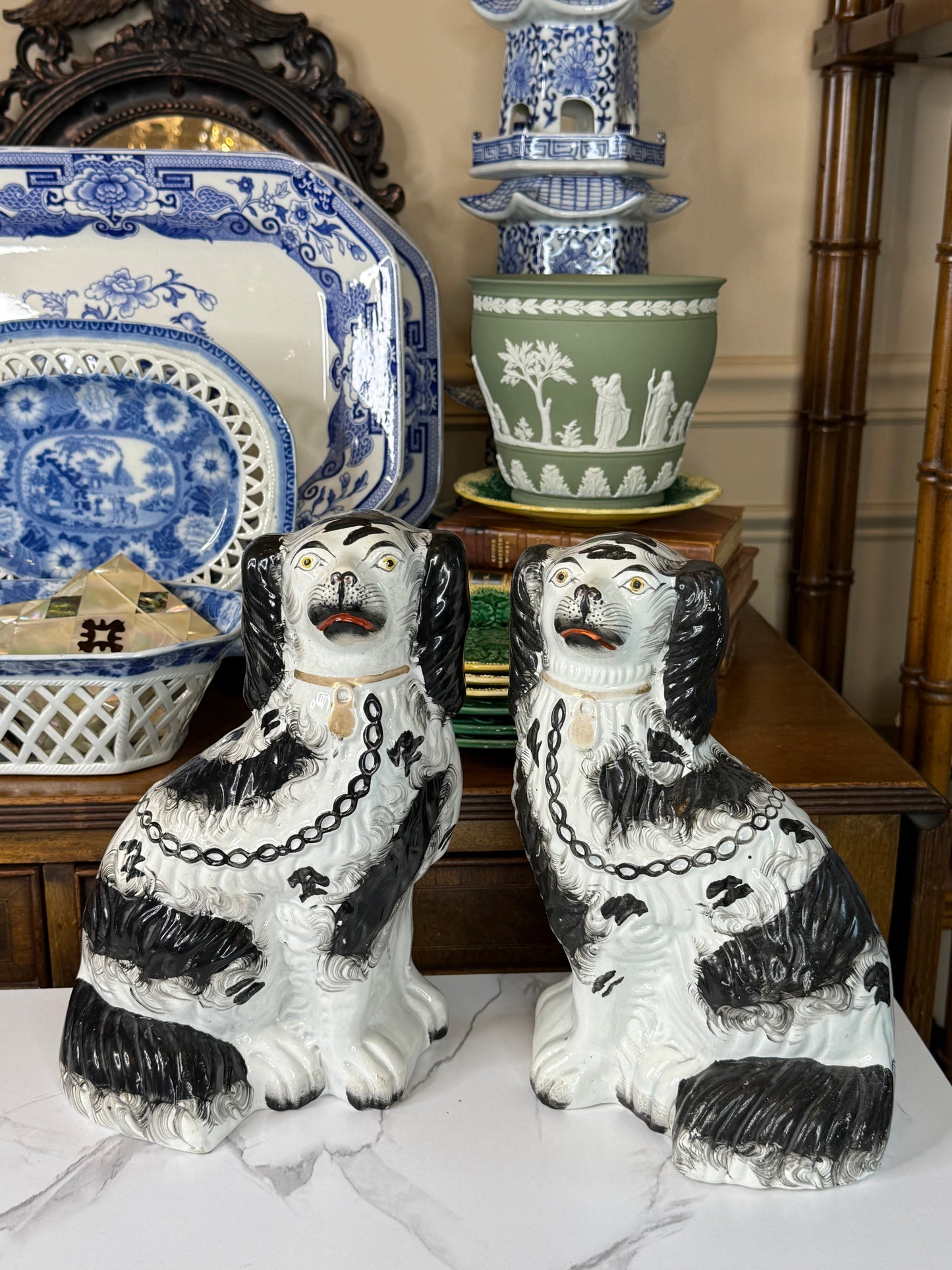 Pair of 19th Century Black & White Staffordshire Dogs | 9.5"H x 6.75"W x 6"D Each | Style DA4479