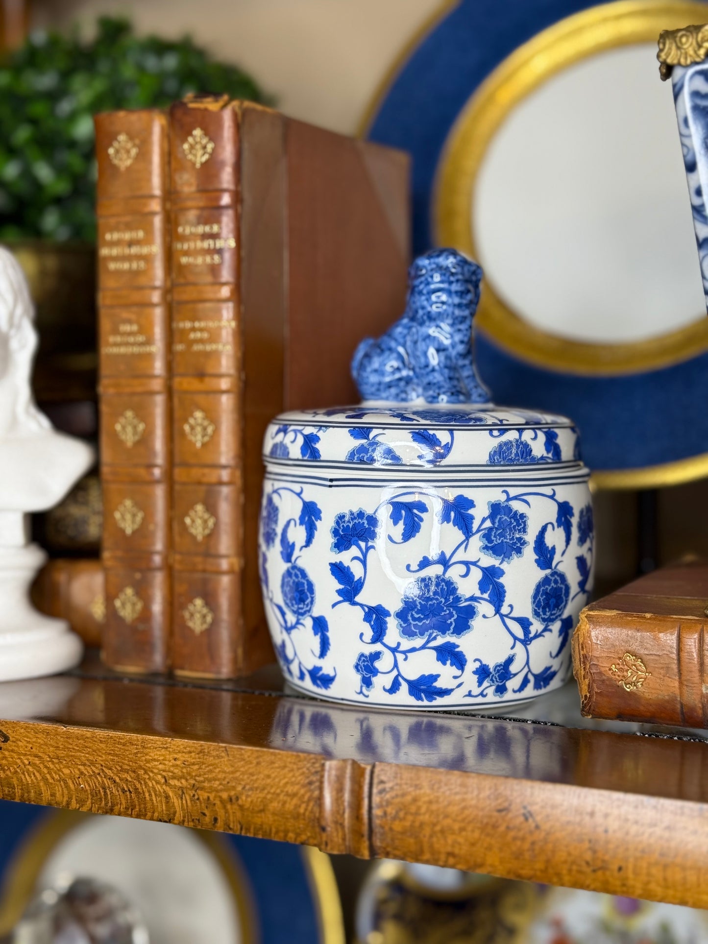 Danny’s Fine Porcelain: Blue & White Porcelain Foo Dog Lidded Box with Floral Motif