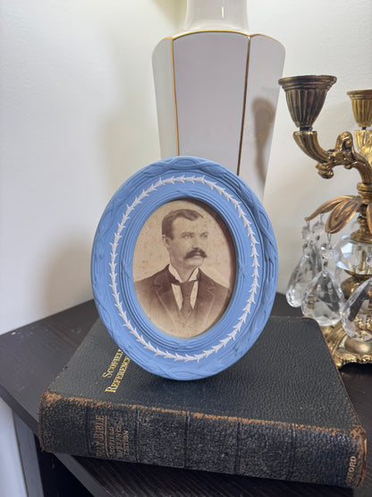 Wedgwood lavender frame with male portrait 6.5” tall