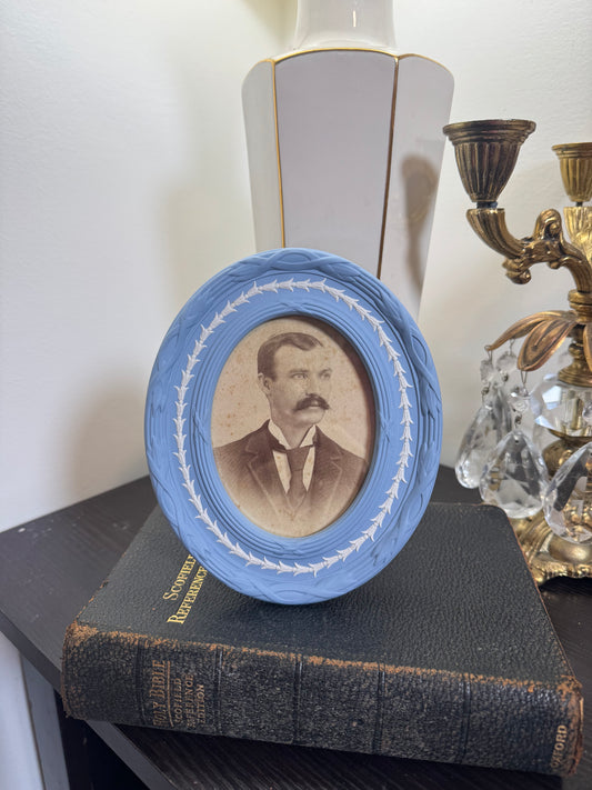 Wedgwood lavender frame with male portrait 6.5” tall