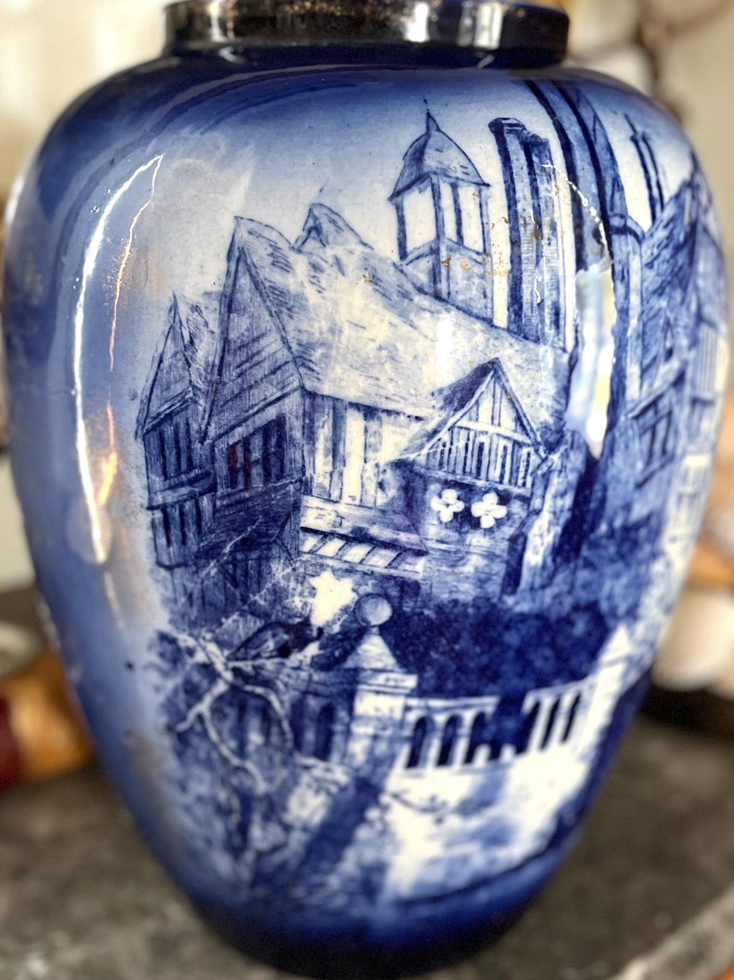 Live 08/28 Rare Antique Doulton Burslem England Extra Large Blue & White Transferware Vase | Late 1800s
