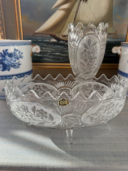 Vintage 11” Etched Floral Heavy Crystal Footed Vase - Pristine!