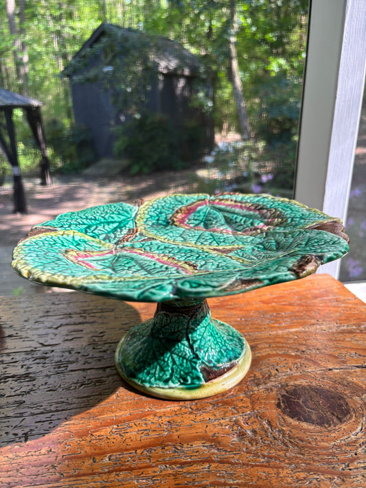 Antique Majolica Begonia Leaf Cake Stand | English Pottery | 10.5” Diameter