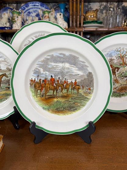 Vintage Spode “The Hunt” J.F. Herring Sr. Equestrian Hunting Plates, Set of 4, Green Trim, Scalloped Edge, England, 10” D | #DA4593