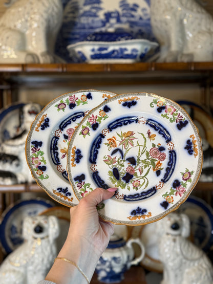 Antique English Porcelain Imari Botanical Dessert Plates | Pair | Hand-Painted Gilt | c. 1835–1855 | Pattern No. 6856